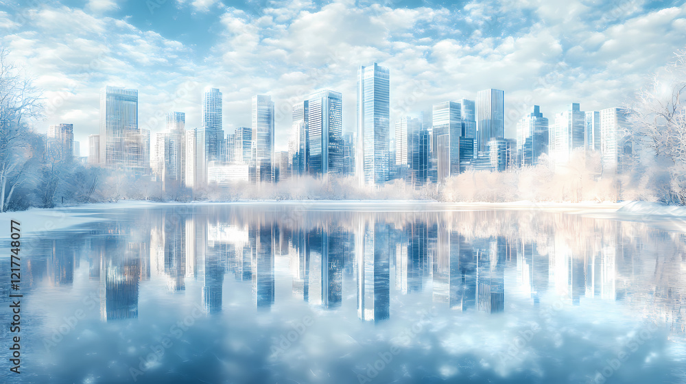Fototapeta premium Frozen cityscape with skyscrapers reflected in ice. Sparkling Lake. Illustration