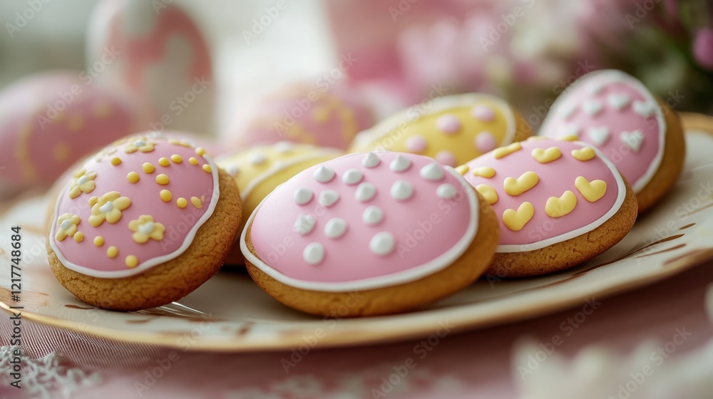 Colorful cookies topped with pink frosting and yellow sprinkles, perfect for celebrating Easter festivities. Colorful cookies topped with pink frosting and yellow sprinkles, perfect for celebrating Easter festivities.