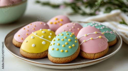 A colorful plate of decorated cookies celebrating Easter sits on a table, showcasing festive designs and vibrant hues. photo