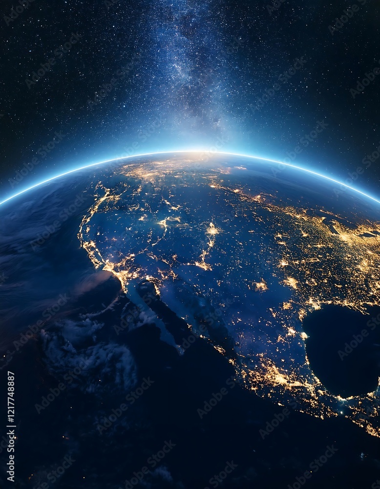 Obraz premium Glowing cities illuminate the dark side of Earth from the vastness of space. Generative AI