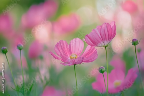 Colorful cosmos flowers bloom in a vibrant garden during springtime in the afternoon sunlight