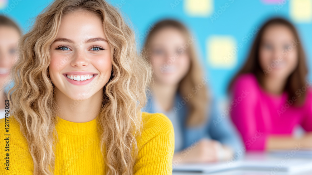 Obraz premium A smiling young woman with wavy blonde hair in a bright yellow sweater, sitting in a classroom. In the background, three other girls are blurred, creating a cheerful and engaging atmosphere.