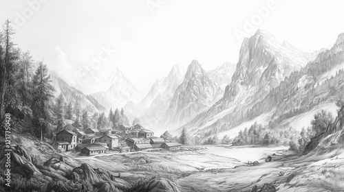 Pencil drawing of village in mountains. Drawing, pencil, mountains, houses art, , fog, sketches. Abstract art in the fog with white and black sketches. White and lifestyle black sketching mountains.