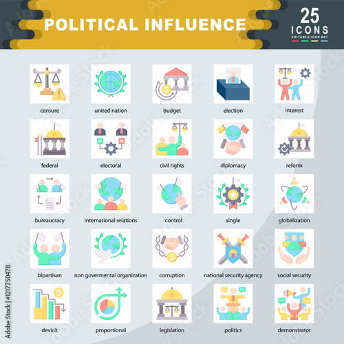 Political Influence icon set containing united nation, election, interest, federal, electoral, civil rights, diplomacy, bureaucracy, international relations, bipartisan icon. Simple flat vector