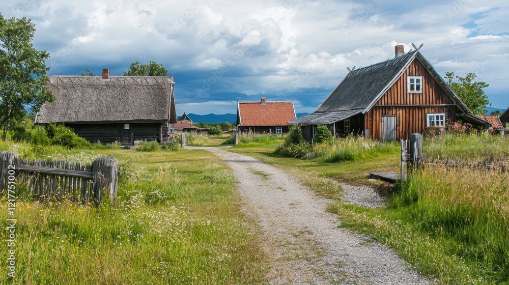 Fototapeta premium Rural village path, historic homes, cloudy sky, tourism