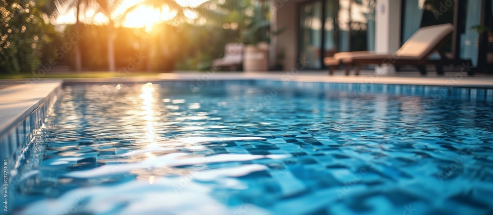 Fototapeta premium Relaxing Poolside Scene at Sunset With Calm Water and Tropical Surroundings