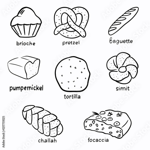 Vector set of different types of bread in doodle style, bread of different nations, multinational cuisine: brioche, pretzel, baguette, focaccia, challah, tortilla, simit, pumpernickel