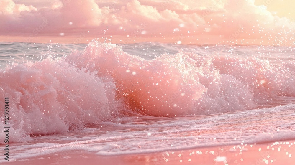 Fototapeta premium Pink Paradise: Serene Sunset Waves Crashing on a Dreamy Beach