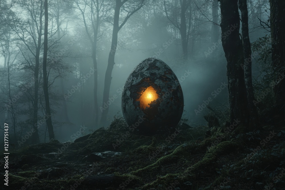 Fototapeta premium Mysterious glowing egg in a foggy forest surrounded by ancient trees at twilight
