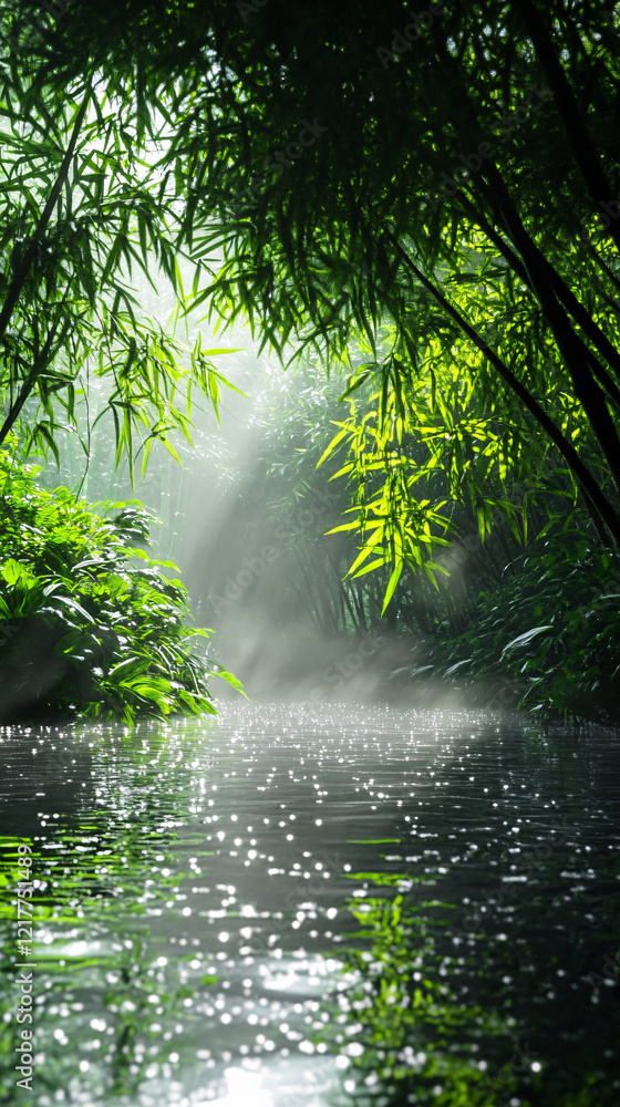Fototapeta premium tranquil river through lush green forest in foggy morning light