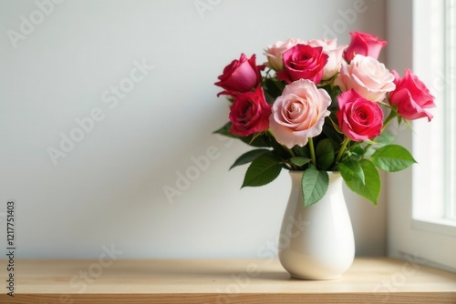 Wallpaper Mural Fresh roses in a white vase on a wooden shelf, bouquet, white Torontodigital.ca