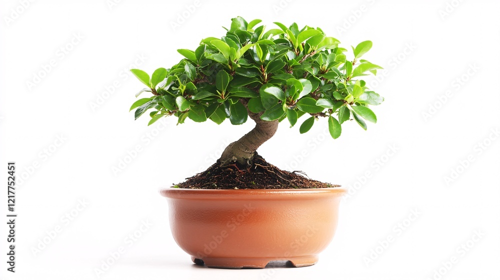 Fototapeta premium A vibrant bonsai tree with lush green leaves in a classic brown pot, showcasing tranquility and artistry.