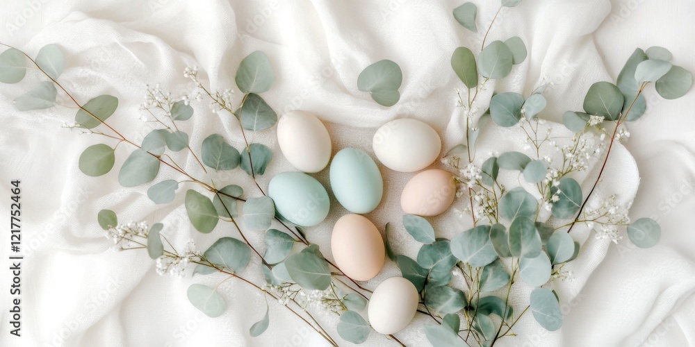 Beautifully arranged eggs in pastel colors lie on soft white fabric. Surrounded by delicate greenery, this image captures a serene and calm aesthetic. Beautifully arranged eggs in pastel colors lie on soft white fabric. Surrounded by delicate greenery, this image captures a serene and calm aesthetic.