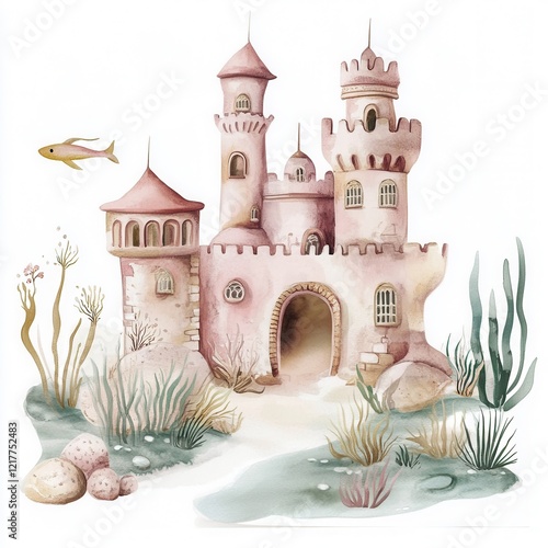 Pink Castle Under the Sea Watercolor Illustration photo