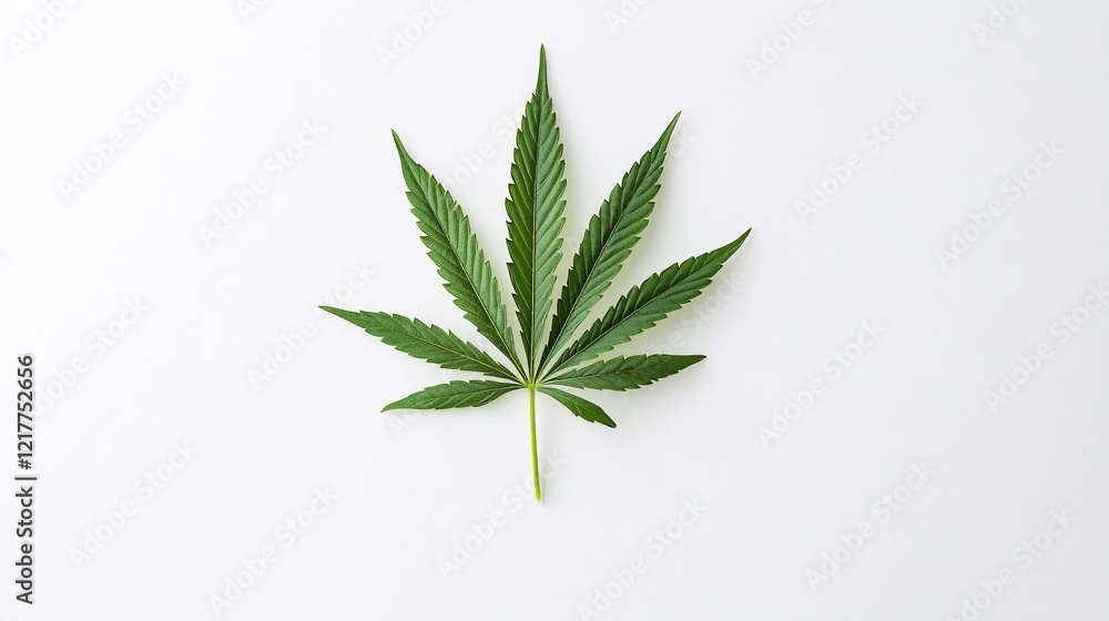 A fresh green cannabis leaf lies flat against a clean white background, showcasing its intricate shape and vibrant color. A fresh green cannabis leaf lies flat against a clean white background, showcasing its intricate shape and vibrant color.