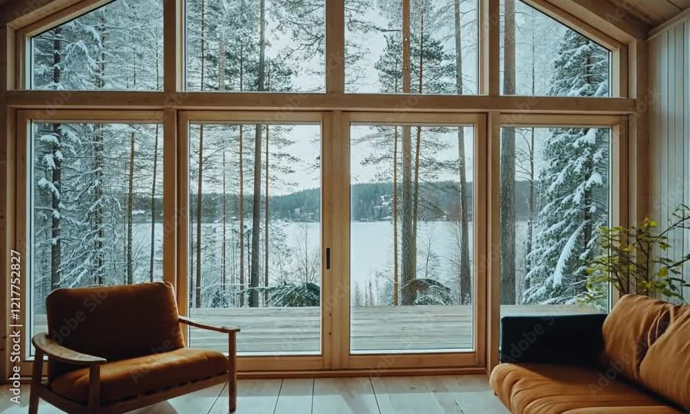 Modern living room with a window and wooden frame Modern living room with a window and wooden frame