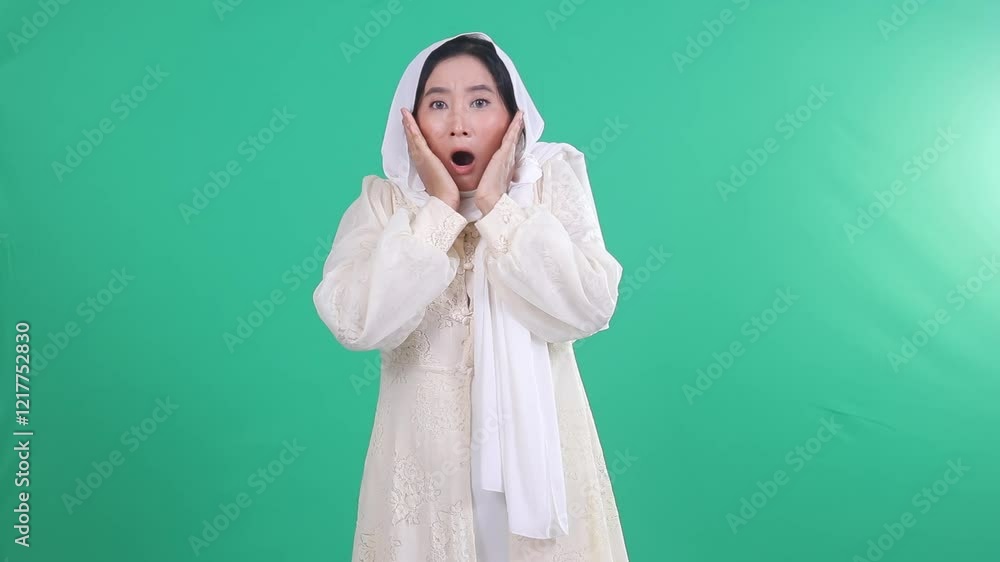 An asian woman with shocked expression looking at camera with both hands holding cheeks isolated on green background, green screen An asian woman with shocked expression looking at camera with both hands holding cheeks isolated on green background, green screen