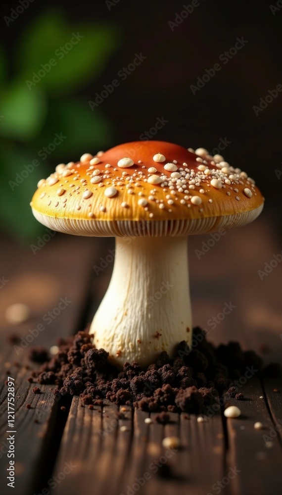 Obraz premium Fresh Shiitake mushroom cap exposed on wooden table, foraging, mycelium, mushrooms