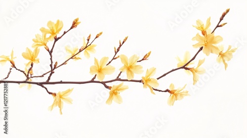 Delicate yellow blossoms on a twig against a soft white background, evoking a sense of tranquility and renewal.