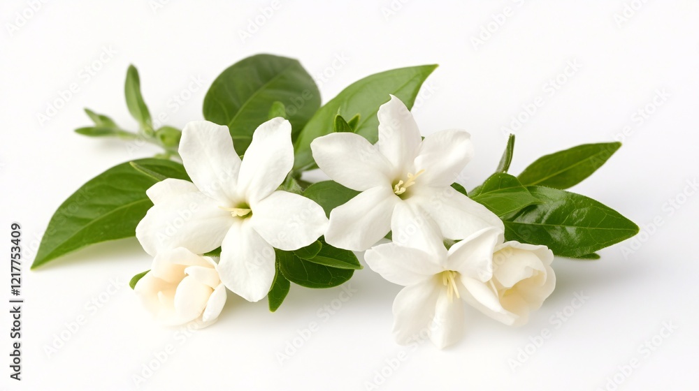 Obraz premium Delicate white jasmine flowers elegantly arranged on a bright white background.