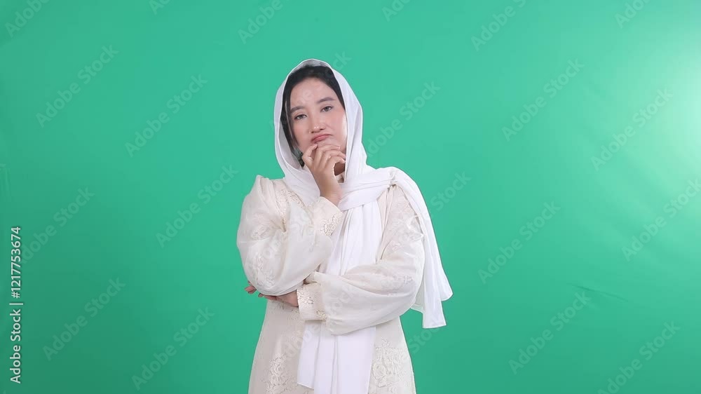 Adult woman with serious expression looking forward with her arms crossed holding her chin isolated on green background, green screen Adult woman with serious expression looking forward with her arms crossed holding her chin isolated on green background, green screen