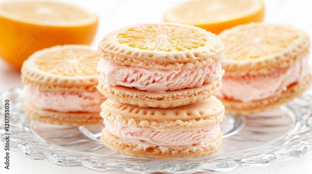 Pomelo ice cream sandwiches with citrus-flavored cookies, served on a frosted glass plate, isolated on white Pomelo ice cream sandwiches with citrus-flavored cookies, served on a frosted glass plate, isolated on white