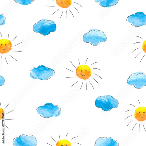 Cartoon sun and clouds seam...