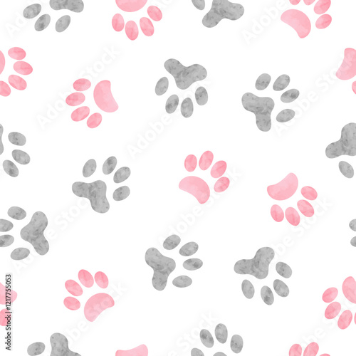 Pet paws print seamless pattern. Vector background with watercolor cat and do...