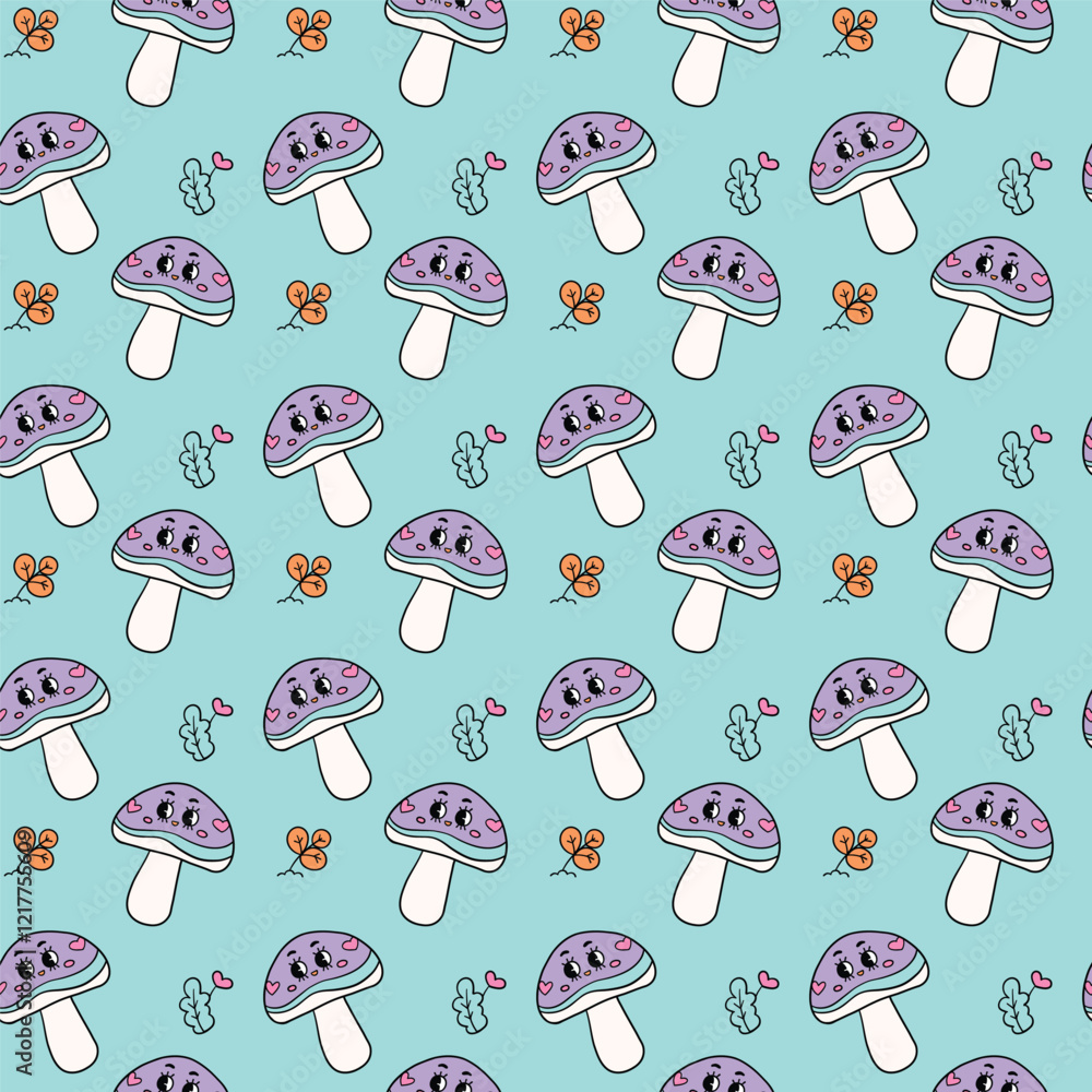 Adorable seamless pattern featuring purple mushrooms with smiling faces, butterflies, hearts, and leaves on a turquoise background Adorable seamless pattern featuring purple mushrooms with smiling faces, butterflies, hearts, and leaves on a turquoise background