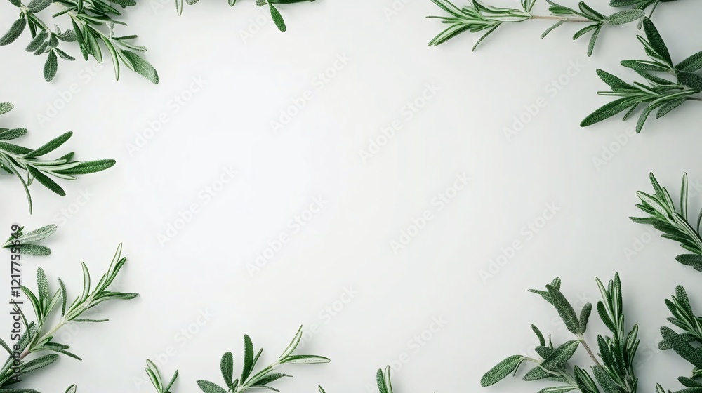 Fresh green rosemary sprigs elegantly arranged on a light background, creating a natural frame. Fresh green rosemary sprigs elegantly arranged on a light background, creating a natural frame.