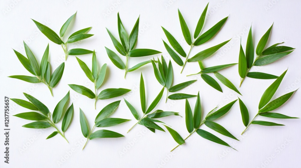 Fototapeta premium A beautiful arrangement of fresh green bamboo leaves on a clean white background.