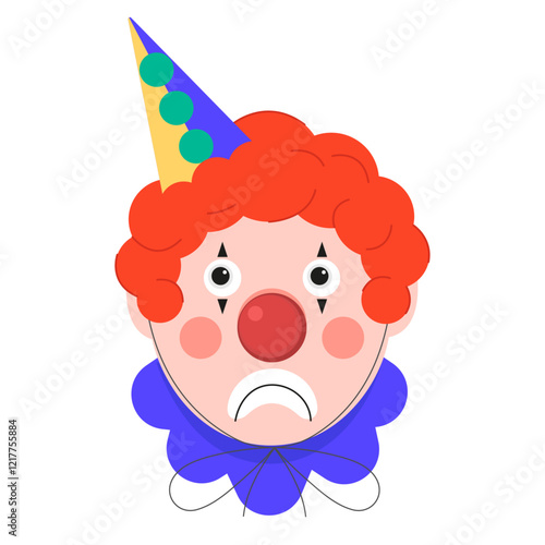 Sad clown vector illustration. Clown with sad smile isolated on white background. Portrait of sad clown. Clown face. Clown flat illustration. 