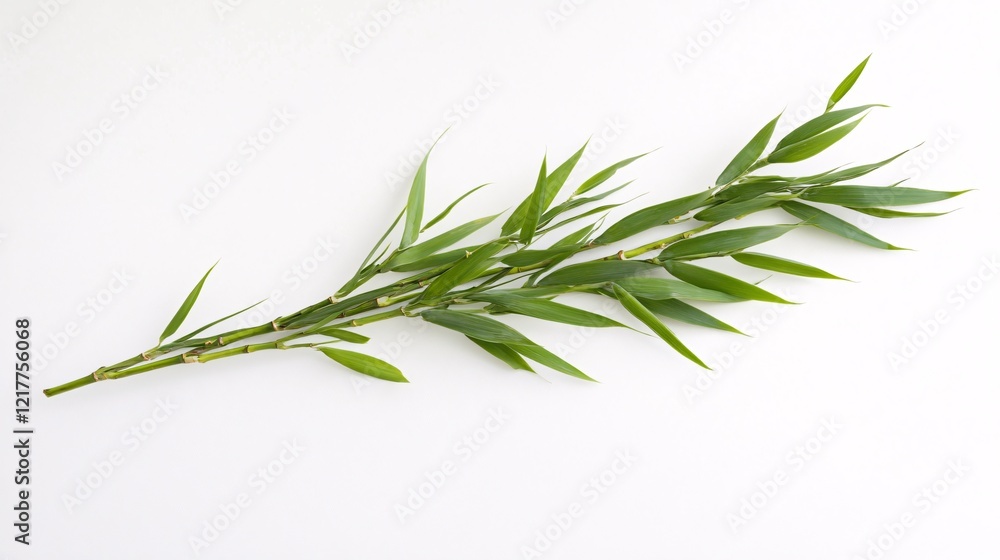 Fototapeta premium A fresh green bamboo branch elegantly displayed against a clean white background, symbolizing nature's beauty.