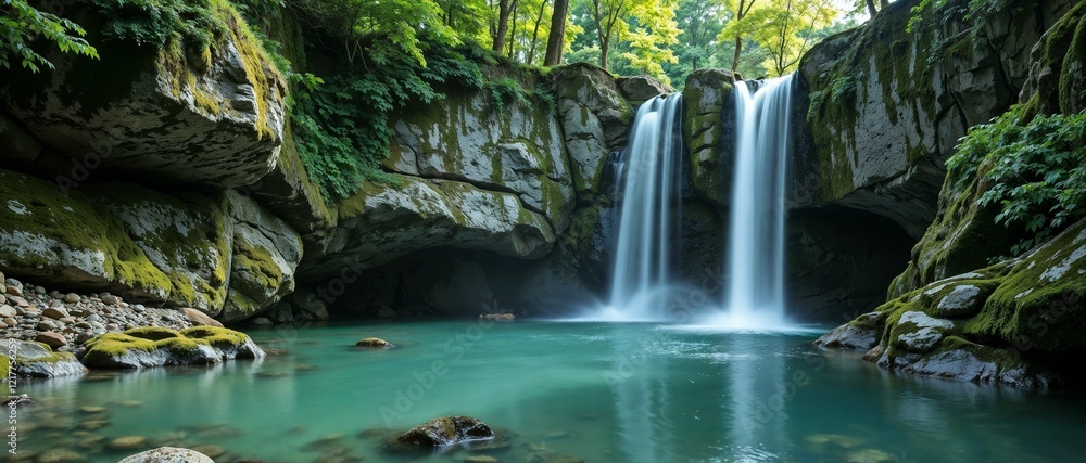 Naklejka premium Tropical Waterfall Paradise: A Serene Escape in Nature