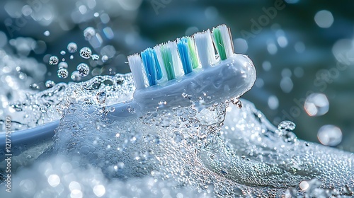 Toothbrush splashing in water, promoting dental hygiene photo