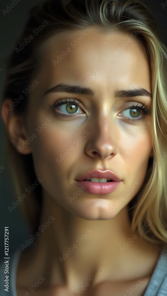 Portrait of a Woman with Blond Hair and Green Eyes, Light Background, Soft Lighting Portrait of a Woman with Blond Hair and Green Eyes, Light Background, Soft Lighting