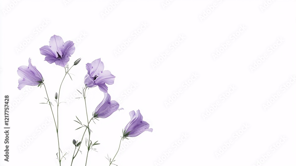 Delicate purple bellflowers showcasing their beauty against a minimalist white background. Delicate purple bellflowers showcasing their beauty against a minimalist white background.