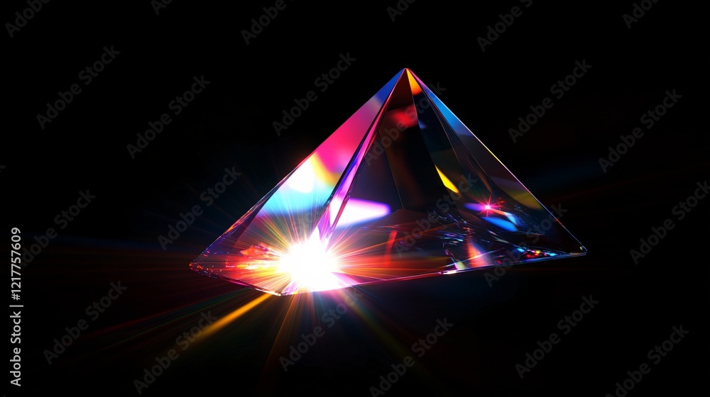 Fototapeta premium A vibrant glass prism illuminated against a dark background, casting colorful reflections and light rays.