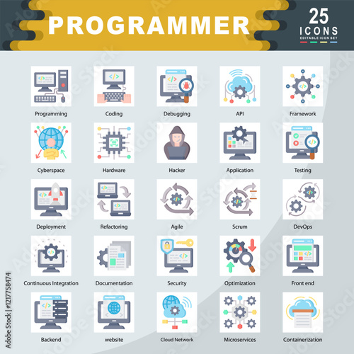 Programmer icon set containing Programming, Coding, Debugging, API, Framework, Cyberspace, Hardware, Hacker, Application, Testing icon. Simple flat vector