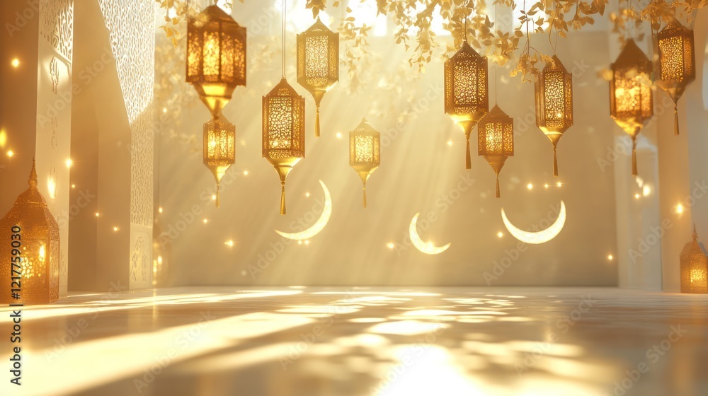 Ramadan lanterns illuminate ornate mosque interior Ramadan lanterns illuminate ornate mosque interior