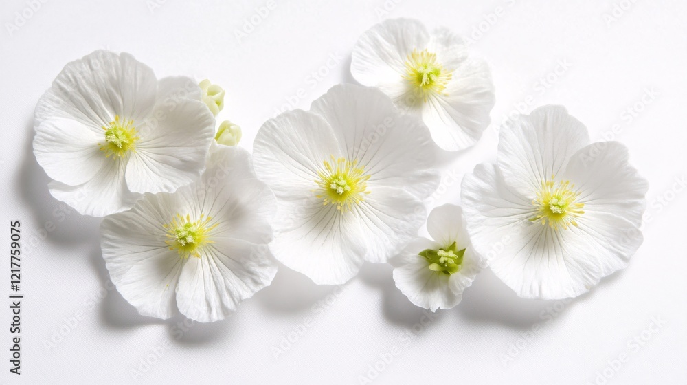 Obraz premium Delicate white flowers with yellow centers arranged artistically on a soft white background.