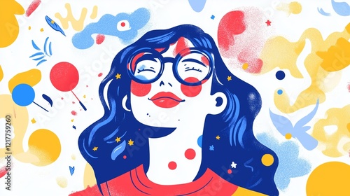 A cheerful woman with glasses smiles amidst a burst of vibrant colors and playful shapes. The lively background features abstract patterns, adding to the joyful vibe. theme of US flag, a 14th of July 