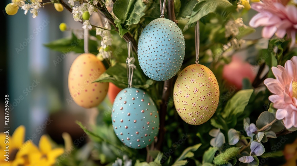 Colorful eggs dangle from a tree, surrounded by vibrant flowers, celebrating the joy of Easter and springtime renewal. Colorful eggs dangle from a tree, surrounded by vibrant flowers, celebrating the joy of Easter and springtime renewal.
