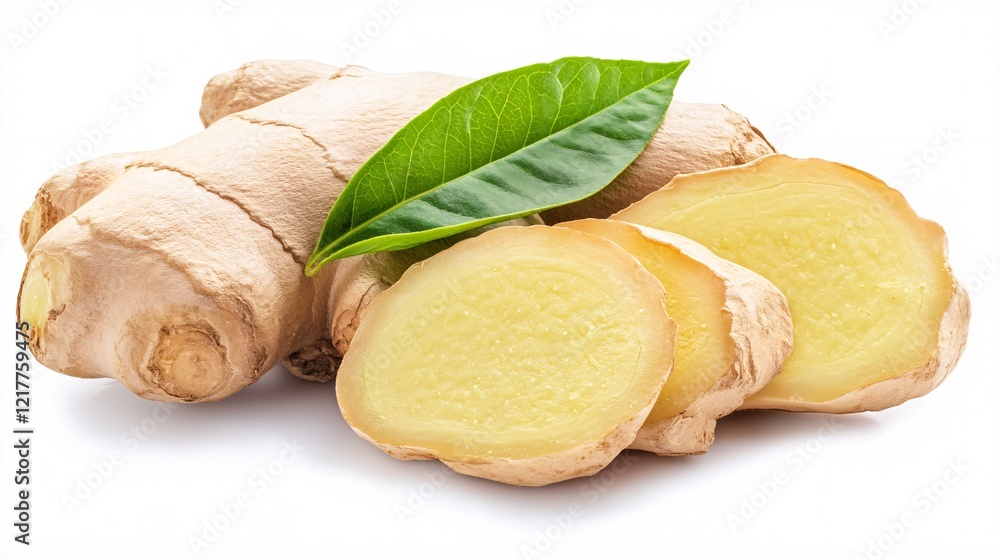Fresh ginger root with vibrant green leaves, showcasing its earthy tones and smooth texture. Fresh ginger root with vibrant green leaves, showcasing its earthy tones and smooth texture.