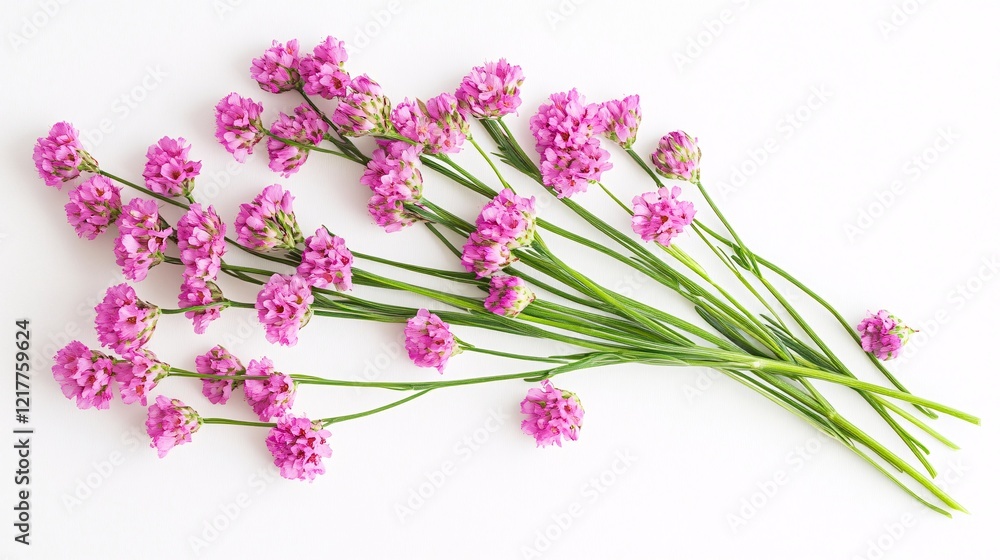 A vibrant bunch of pink sea thrift flowers arranged elegantly against a white backdrop. A vibrant bunch of pink sea thrift flowers arranged elegantly against a white backdrop.