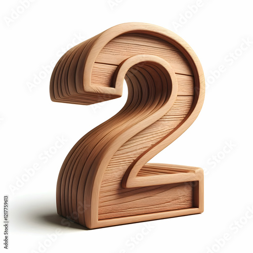 3d wooden 2 number isolated on white background 