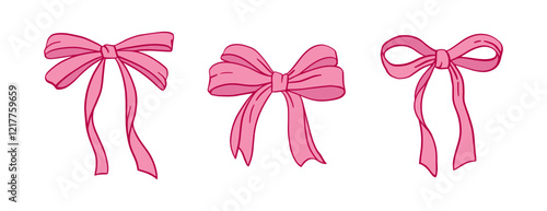 Set of coquette hand-drawn bows. Doodle pink bow isolated on white background. Vector elegant vintage ribbons and ties
