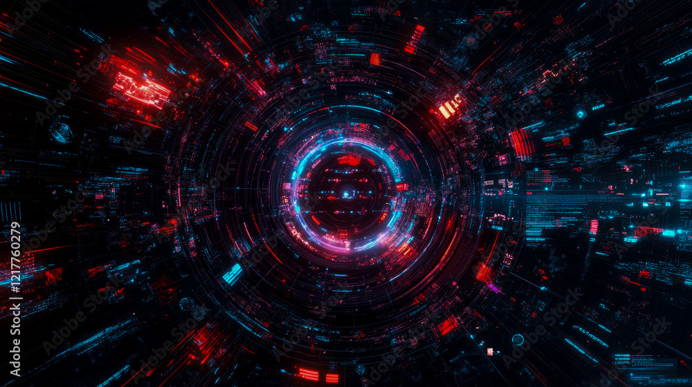 Obraz premium Abstract Futuristic Tunnel: Red and Blue Digital Rings, Glowing Lines, and Data Streams