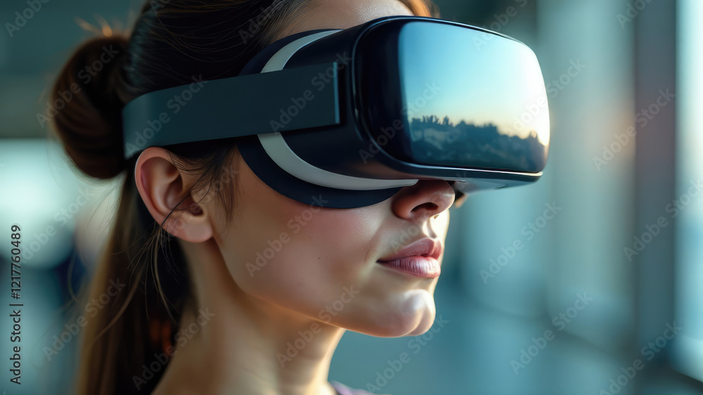 A person wears a virtual reality headset in a bright indoor environment. Concept of immersive digital experiences. A person wears a virtual reality headset in a bright indoor environment. Concept of immersive digital experiences.