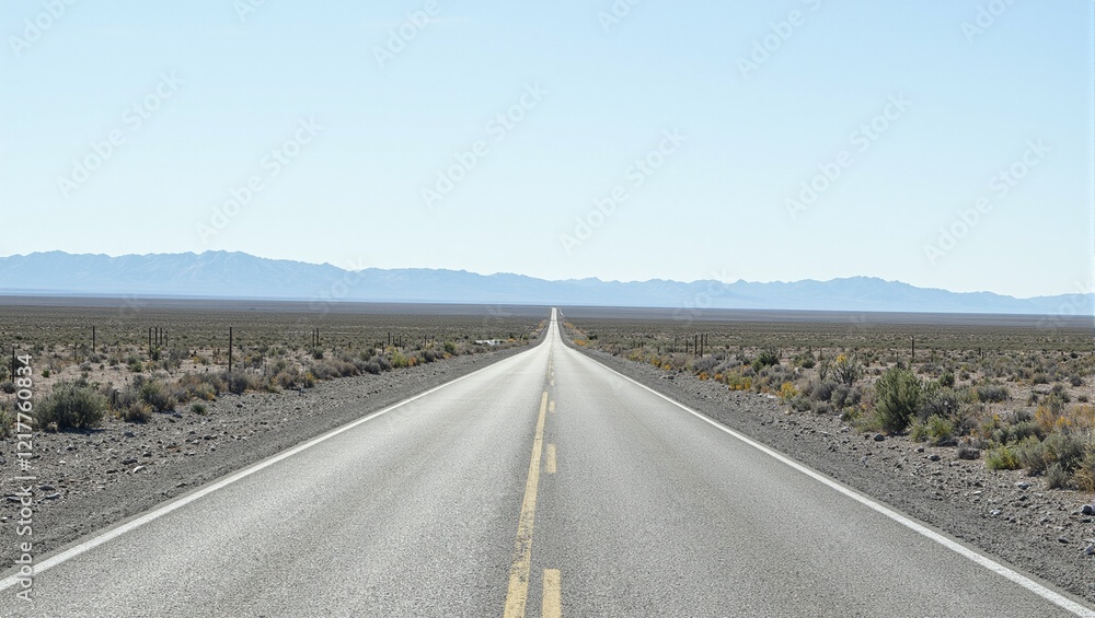 Scenic desert road with scrubby vegetation and distant mountains under clear blue sky Scenic desert road with scrubby vegetation and distant mountains under clear blue sky